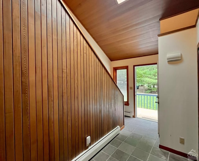 interior space with wood ceiling, wooden walls, and a baseboard radiator