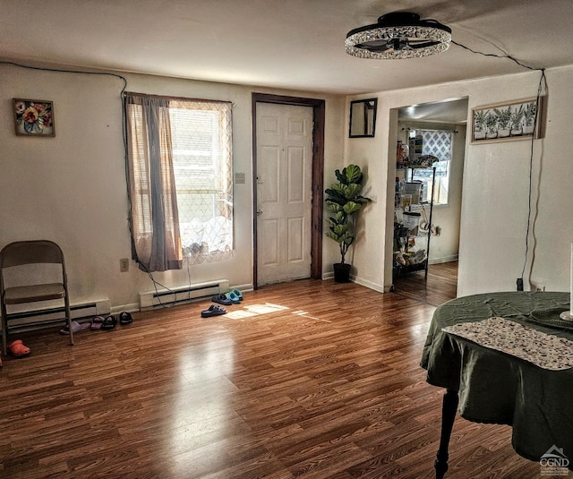 entrance foyer with a baseboard radiator, wood finished floors, and plenty of natural light