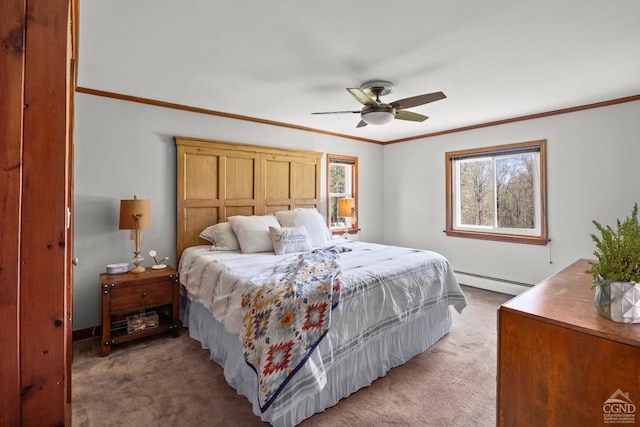 bedroom with a baseboard radiator, light colored carpet, crown molding, and multiple windows