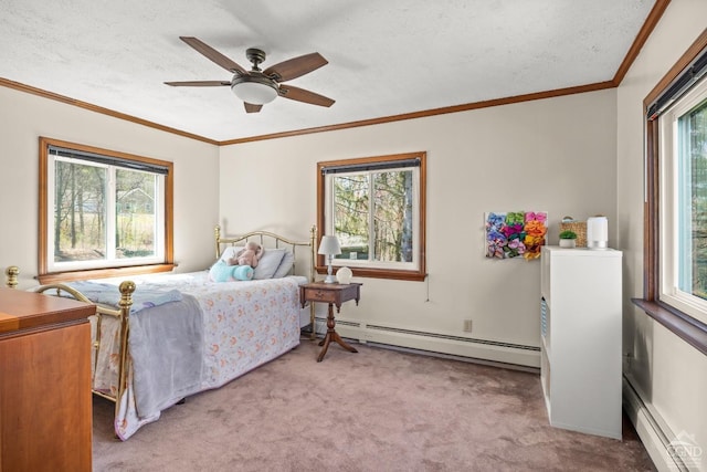 bedroom featuring baseboard heating, light carpet, and multiple windows