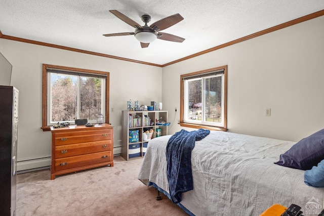bedroom featuring a baseboard radiator, light colored carpet, baseboard heating, ornamental molding, and a ceiling fan