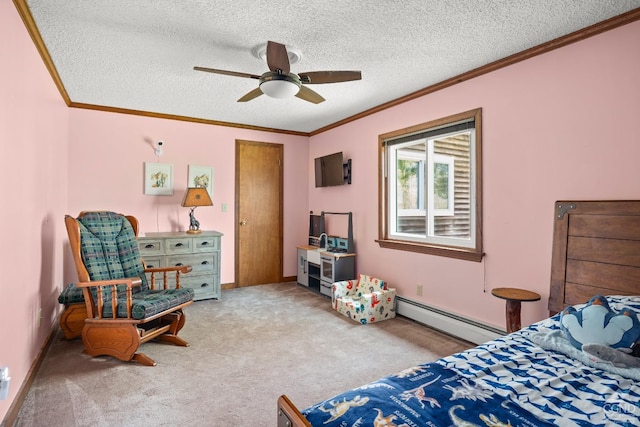 bedroom featuring a baseboard radiator, ornamental molding, light carpet, ceiling fan, and a textured ceiling