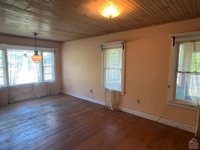 unfurnished dining area with wooden ceiling and dark wood-type flooring