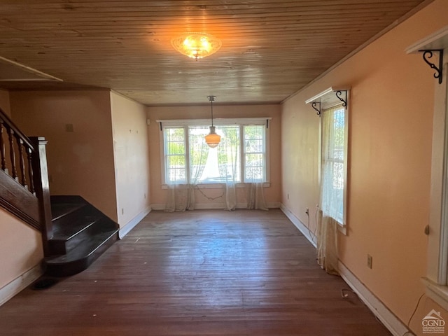 unfurnished dining area with dark hardwood / wood-style flooring and wood ceiling