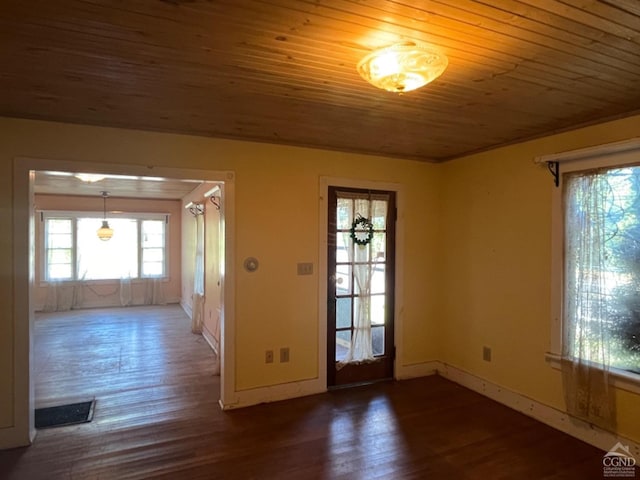 interior space featuring dark hardwood / wood-style floors and wooden ceiling