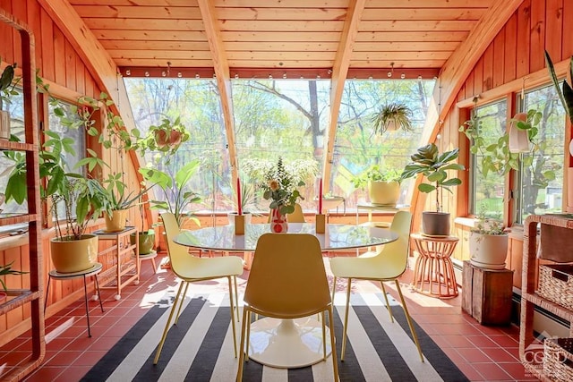 sunroom featuring wood ceiling, vaulted ceiling, and wood walls