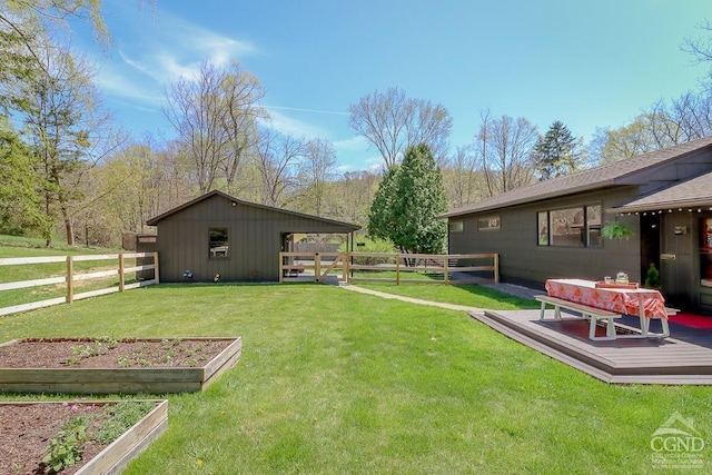 view of yard featuring a fenced backyard, a garden, and a deck