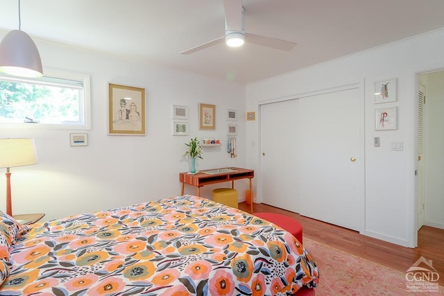 bedroom with ceiling fan, ornamental molding, a closet, and light wood-type flooring