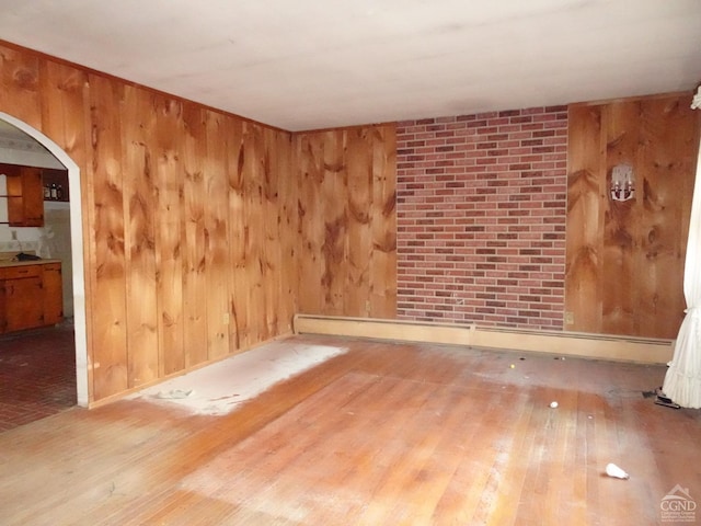 spare room featuring wood-type flooring and wooden walls