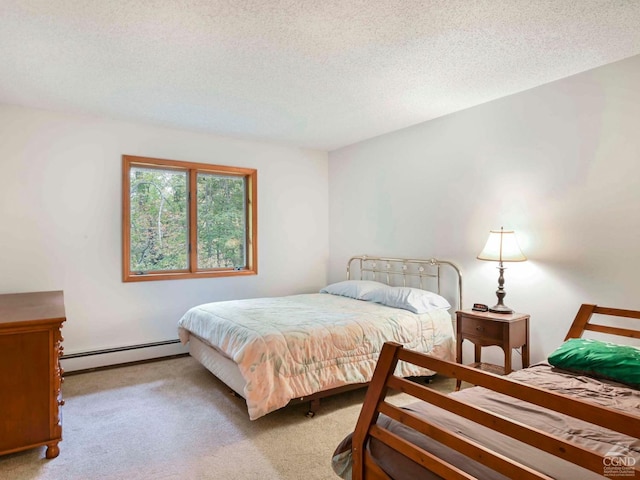 bedroom with light carpet, a textured ceiling, and a baseboard radiator