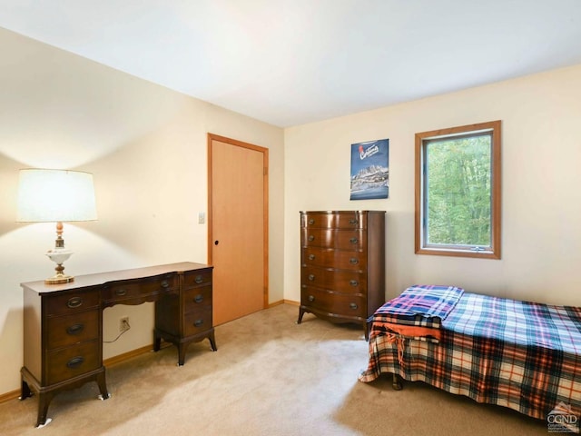 bedroom with light colored carpet