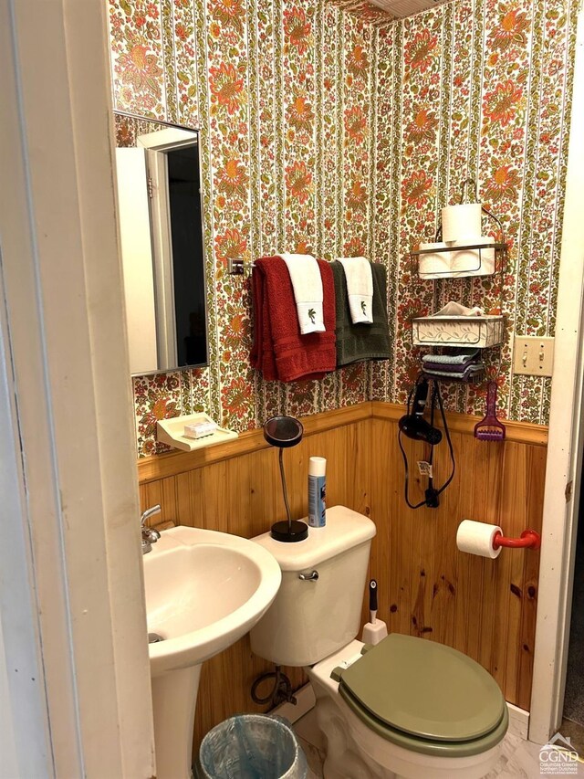 bathroom featuring toilet, wooden walls, and sink