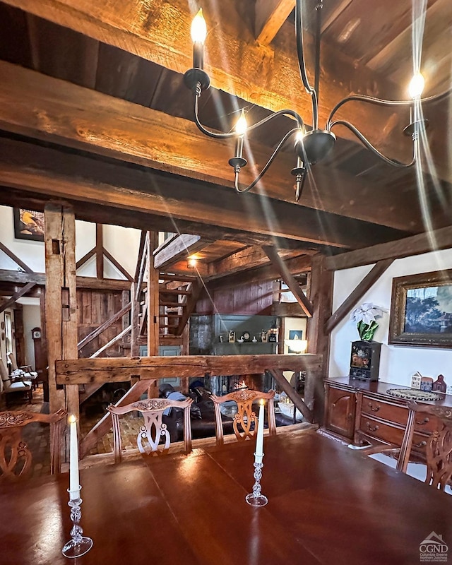 interior details with beam ceiling and wood walls