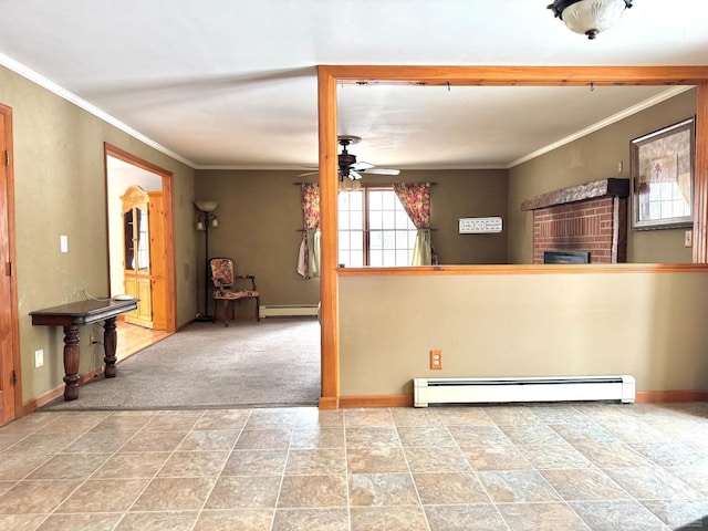 interior space with carpet floors, a baseboard radiator, ornamental molding, and ceiling fan