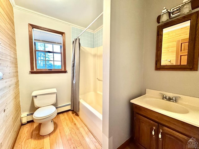 full bathroom with toilet, vanity, crown molding, and a baseboard radiator