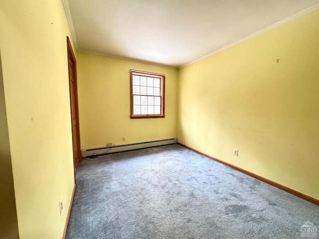 unfurnished room with baseboard heating, carpet flooring, and crown molding