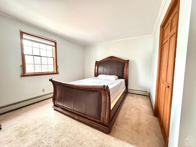 unfurnished bedroom featuring a closet, crown molding, light colored carpet, and a baseboard radiator