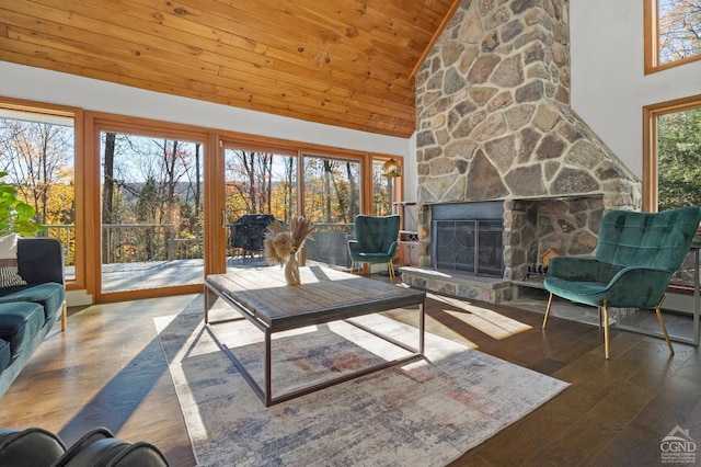 unfurnished living room with high vaulted ceiling, wood ceiling, and wood-type flooring