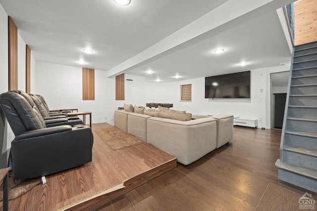 living room with dark hardwood / wood-style flooring