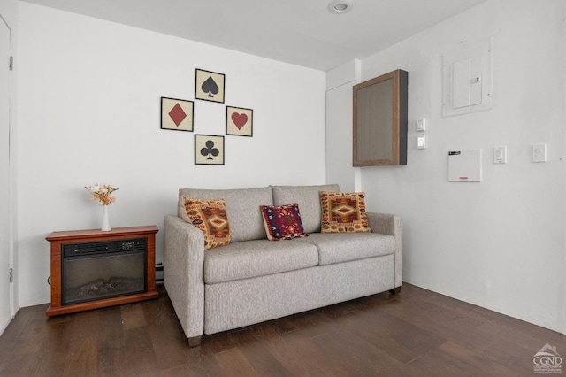 living room with dark hardwood / wood-style flooring and electric panel