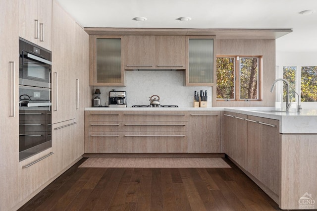 kitchen with stainless steel appliances, light brown cabinets, dark wood-type flooring, and sink