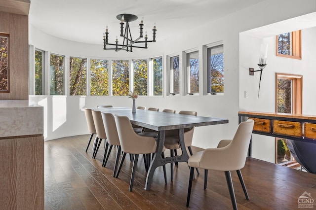 dining room with a notable chandelier and dark wood-type flooring