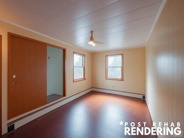 unfurnished room with ornamental molding, ceiling fan, and wooden walls