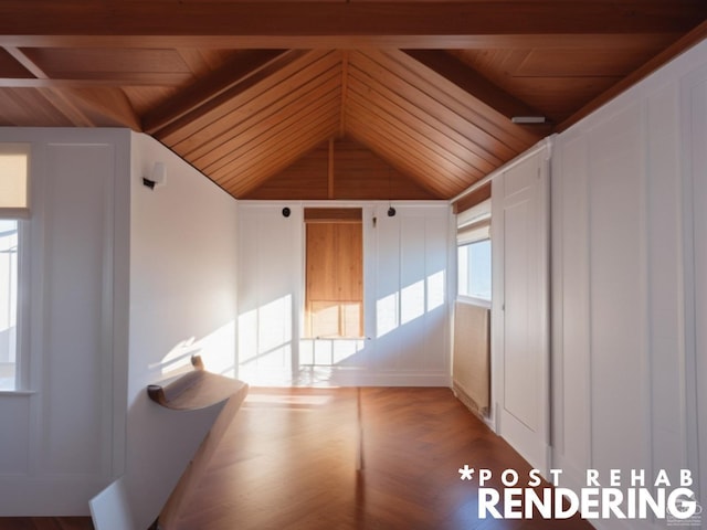 interior space with vaulted ceiling with beams, light parquet flooring, and wood ceiling