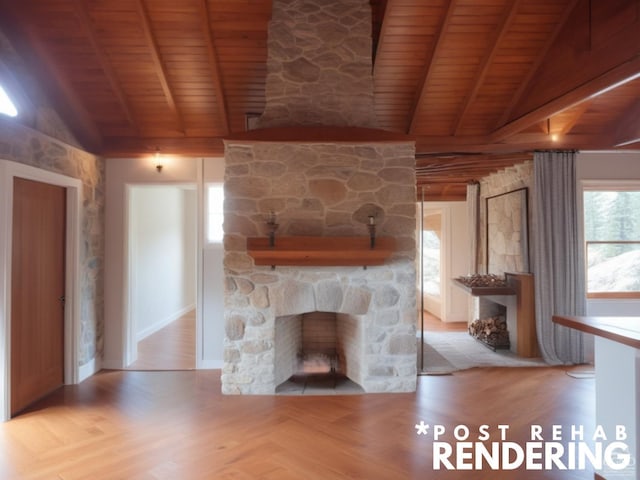 unfurnished living room featuring vaulted ceiling with beams, a stone fireplace, light wood-type flooring, and wood ceiling