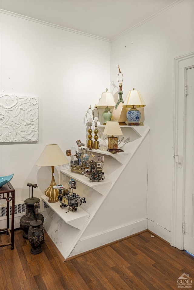 interior details with hardwood / wood-style flooring, crown molding, and radiator