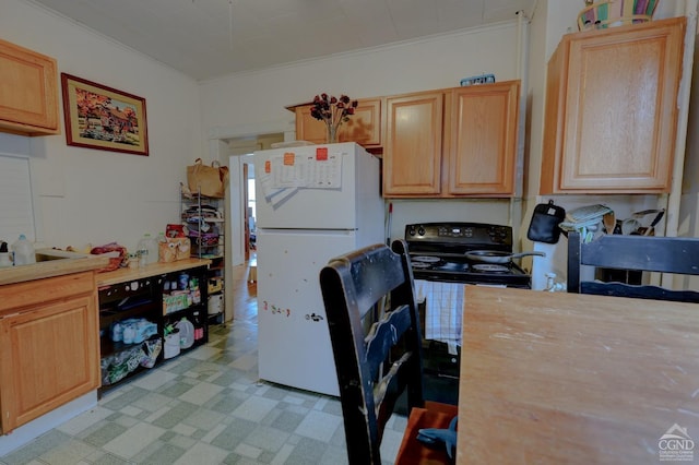 kitchen featuring light brown cabinets, white refrigerator, black / electric stove, and crown molding