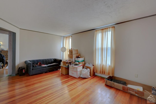 interior space with a textured ceiling and hardwood / wood-style flooring