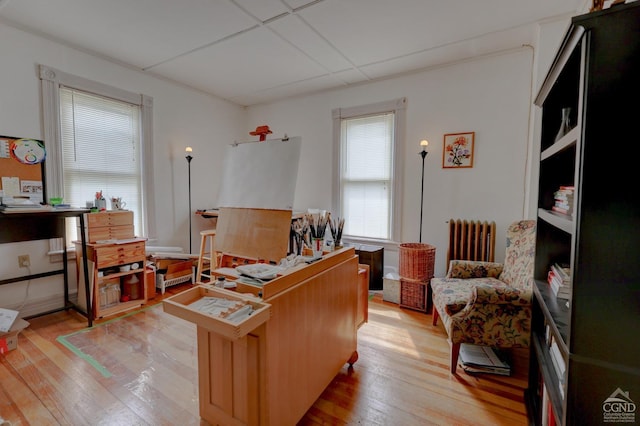 office with radiator, a paneled ceiling, and light hardwood / wood-style flooring