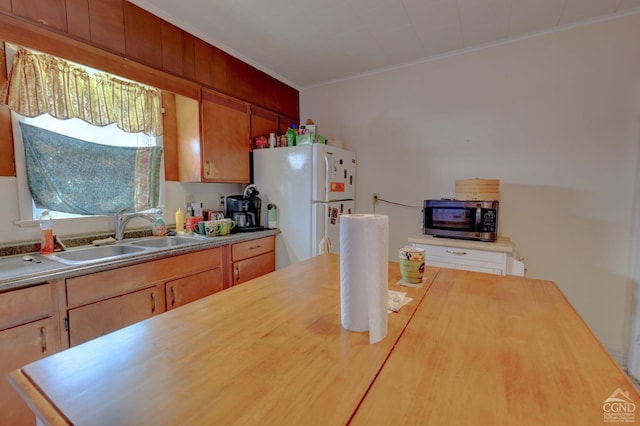 kitchen with crown molding, sink, and white refrigerator