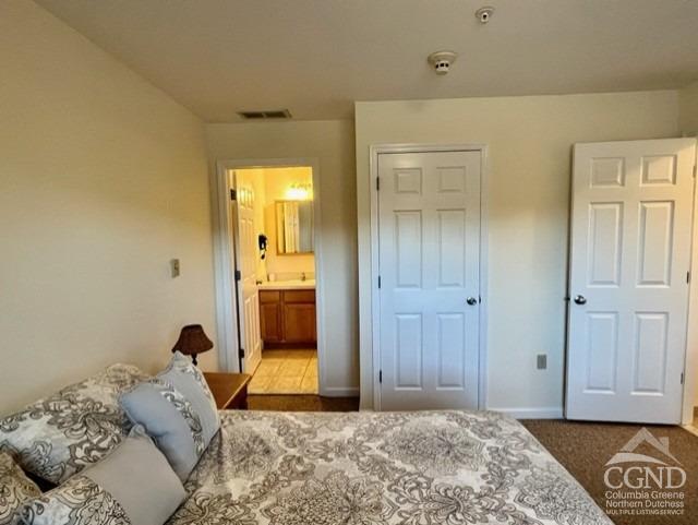 bedroom featuring light carpet and connected bathroom