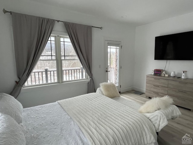 bedroom featuring light hardwood / wood-style floors, access to outside, and multiple windows