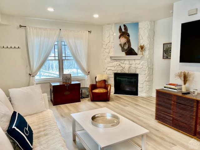 living room featuring a fireplace and hardwood / wood-style floors