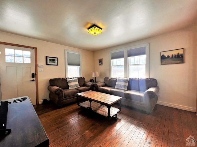 living room with dark hardwood / wood-style flooring