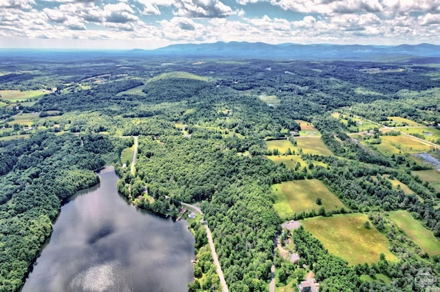 drone / aerial view featuring a water and mountain view