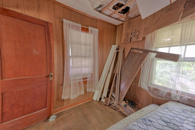 interior space with wood-type flooring and wood walls