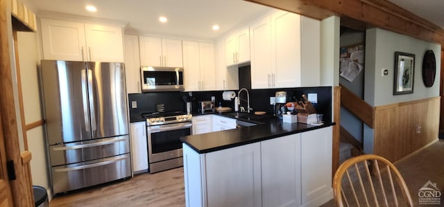 kitchen featuring a peninsula, a sink, appliances with stainless steel finishes, white cabinetry, and dark countertops