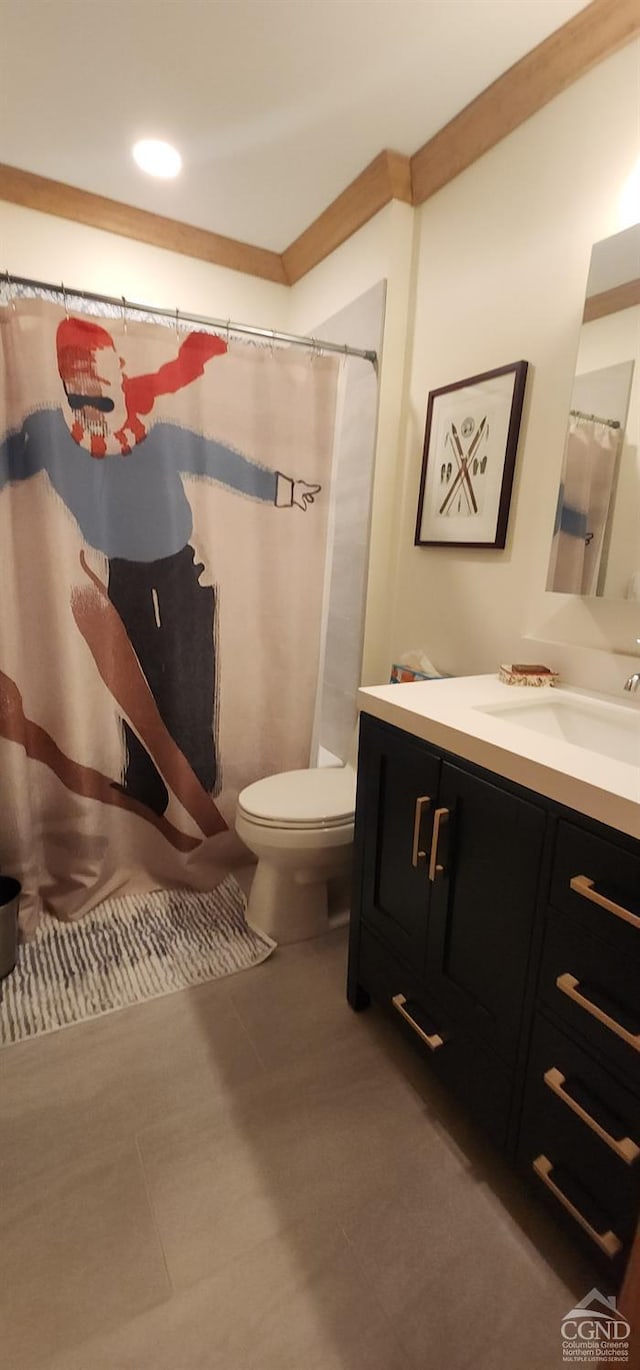 full bathroom featuring toilet, vanity, and a shower with curtain