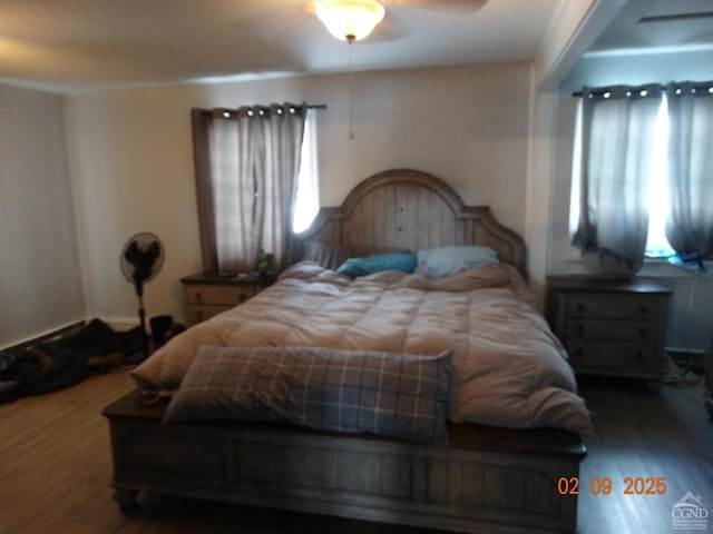 bedroom with dark hardwood / wood-style floors and ceiling fan