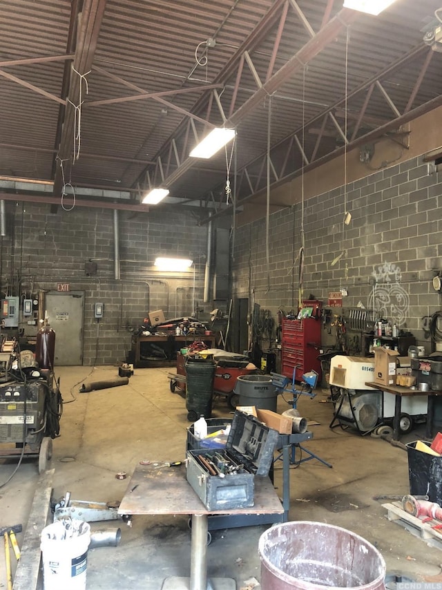 garage with a workshop area