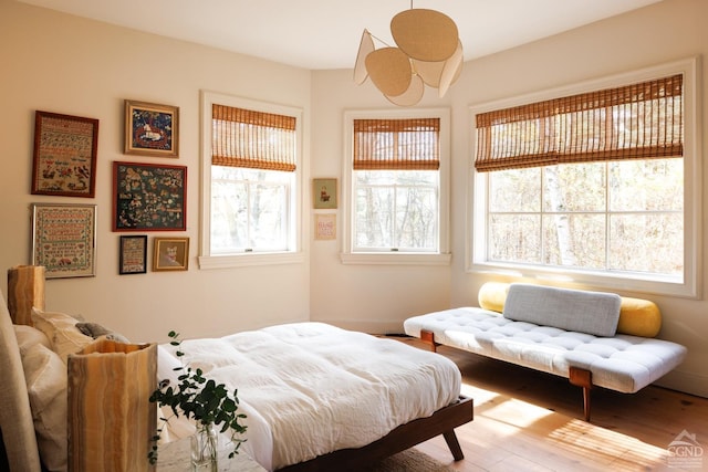 bedroom featuring multiple windows and light hardwood / wood-style flooring