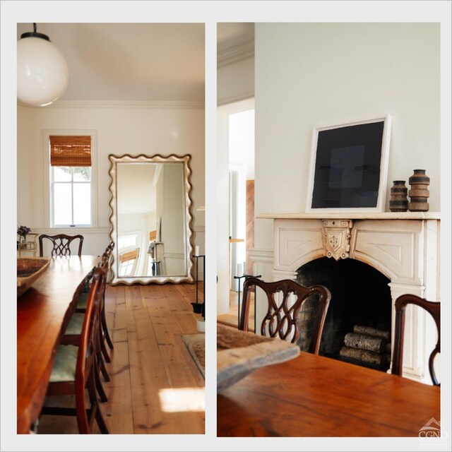 dining area with wood-type flooring and ornamental molding