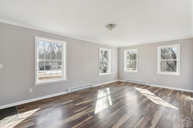 unfurnished room featuring a baseboard radiator, dark wood finished floors, and baseboards