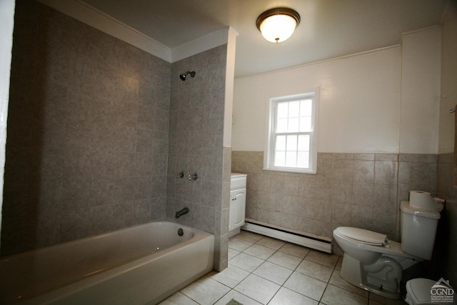 full bathroom with tiled shower / bath, tile patterned flooring, toilet, tile walls, and a baseboard radiator