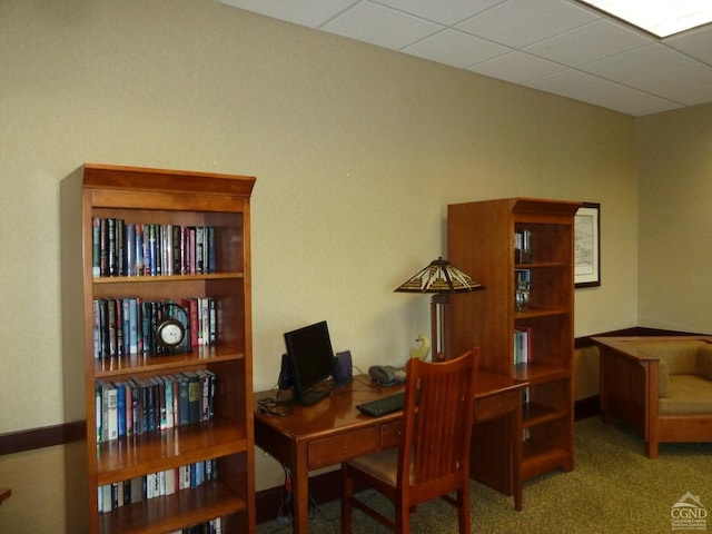 carpeted office space featuring a paneled ceiling