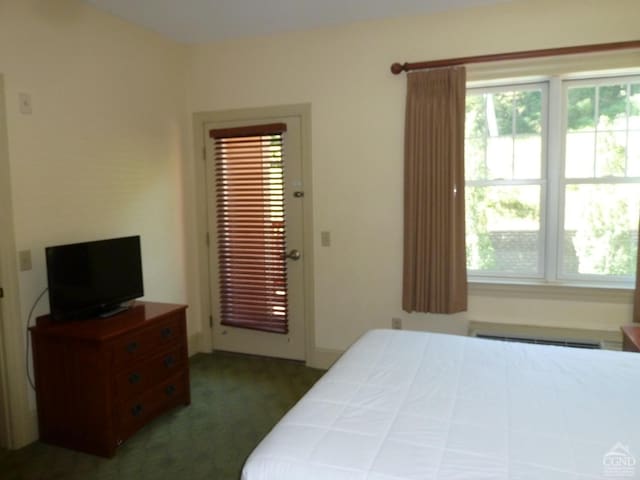 bedroom with dark carpet and baseboard heating